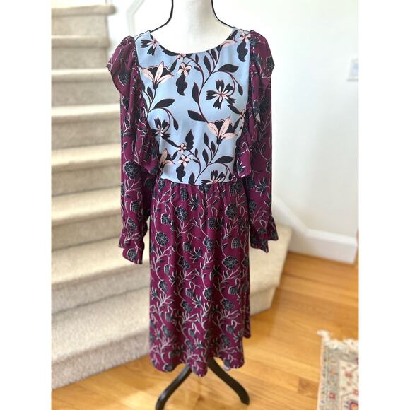 Eloquii Dresses & Skirts - Eloquii Purple & Blue Floral Ruffle Blouson Sleeve Midi Dress